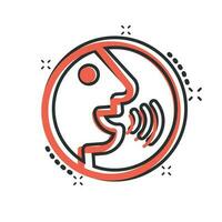 Voice command with sound waves icon in comic style. Speak control vector cartoon illustration pictogram. Speaker people business concept splash effect.