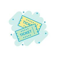 Cinema ticket icon in comic style. Admit one coupon entrance vector cartoon illustration pictogram. Ticket business concept splash effect.