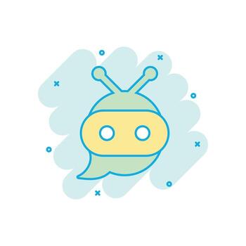 Cute robot chatbot icon in comic style. Bot operator vector cartoon illustration pictogram. Smart chatbot character business concept splash effect.