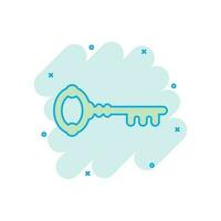 Key icon in comic style. Access login vector cartoon illustration pictogram. Password key business concept splash effect.