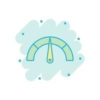 Meter dashboard icon in comic style. Credit score indicator level vector cartoon illustration pictogram. Gauges with measure scale business concept splash effect.