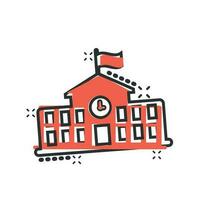 School building icon in comic style. College education vector cartoon illustration pictogram. Bank, government business concept splash effect.