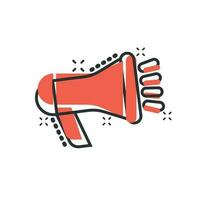 Megaphone speaker icon in comic style. Bullhorn audio announcement vector cartoon illustration pictogram. Megaphone broadcasting business concept splash effect.