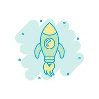 Rocket space ship icon in comic style. Spaceship vector cartoon illustration pictogram. Rocket start business concept splash effect.