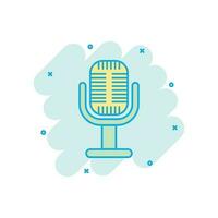 Microphone icon in comic style. Mic broadcast vector cartoon illustration pictogram. Microphone mike speech business concept splash effect.