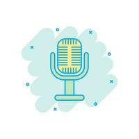 Microphone icon in comic style. Mic broadcast vector cartoon illustration pictogram. Microphone mike speech business concept splash effect.