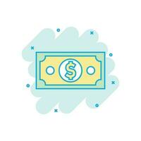 Dollar currency banknote icon in comic style. Dollar cash vector cartoon illustration pictogram. Banknote bill business concept splash effect.