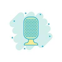 Microphone icon in comic style. Mic broadcast vector cartoon illustration pictogram. Microphone mike speech business concept splash effect.