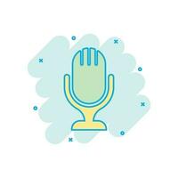 Microphone icon in comic style. Mic broadcast vector cartoon illustration pictogram. Microphone mike speech business concept splash effect.