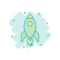 Rocket space ship icon in comic style. Spaceship vector cartoon illustration pictogram. Rocket start business concept splash effect.