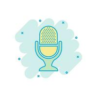 Microphone icon in comic style. Mic broadcast vector cartoon illustration pictogram. Microphone mike speech business concept splash effect.