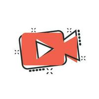 Video camera icon in comic style. Movie play vector cartoon illustration pictogram. Video streaming business concept splash effect.