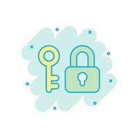 Key with padlock icon in comic style. Access login vector cartoon illustration pictogram. Lock keyhole business concept splash effect.