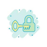 Key with padlock icon in comic style. Access login vector cartoon illustration pictogram. Lock keyhole business concept splash effect.