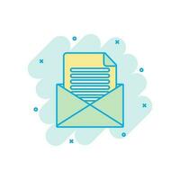 Mail envelope icon in comic style. Email message vector cartoon illustration pictogram. Mailbox e-mail business concept splash effect.