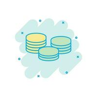 Coins stack icon in comic style. Coin cash vector cartoon illustration pictogram. Money stacked business concept splash effect.