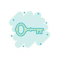 Key icon in comic style. Access login vector cartoon illustration pictogram. Password key business concept splash effect.