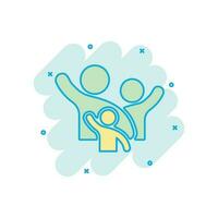 Family greeting with hand up icon in comic style. Person gesture vector cartoon illustration pictogram. People leader business concept splash effect.