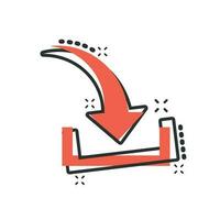 Download file icon in comic style. Arrow down downloading vector cartoon illustration pictogram. Download business concept splash effect.