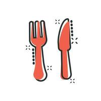 icono de restaurante de tenedor y cuchillo en estilo cómico. Pictograma de ilustración de dibujos animados de vector de equipo de cena. efecto de salpicadura de concepto de negocio de restaurante.