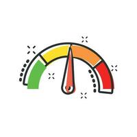 Meter dashboard icon in comic style. Credit score indicator level vector cartoon illustration pictogram. Gauges with measure scale business concept splash effect.