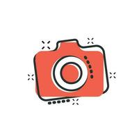 Photo camera icon in comic style. Photographer cam equipment vector cartoon illustration pictogram. Camera business concept splash effect.