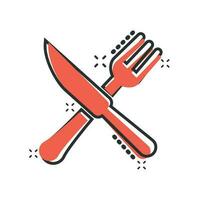 icono de restaurante de tenedor y cuchillo en estilo cómico. Pictograma de ilustración de dibujos animados de vector de equipo de cena. efecto de salpicadura de concepto de negocio de restaurante.