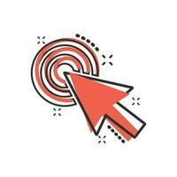 Computer mouse cursor icon in comic style. Arrow cursor vector cartoon illustration pictogram. Mouse aim business concept splash effect.