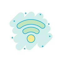 Wifi internet icon in comic style. Wi-fi wireless technology vector cartoon illustration pictogram. Network wifi business concept splash effect.