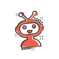 Cute robot chatbot icon in comic style. Bot operator vector cartoon illustration pictogram. Smart chatbot character business concept splash effect.