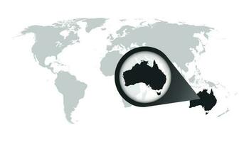 World map with zoom on Australia. Map in loupe. Vector illustration in flat style