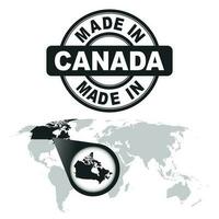 Made in Canada stamp. World map with zoom on country. Vector emblem in flat style on white background.