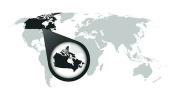 World map with zoom on Canada. Map in loupe. Vector illustration in flat style