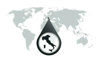 World map with zoom on Italy. Map in loupe. Vector illustration in flat style