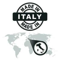 Made in Italy stamp. World map with zoom on country. Vector emblem in flat style on white background.