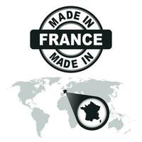 Made in France stamp. World map with zoom on country. Vector emblem in flat style on white background.