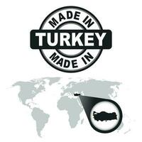 Made in Turkey stamp. World map with zoom on country. Vector emblem in flat style on white background.