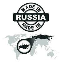 Made in Russia stamp. World map with red country. Vector emblem in flat style on isolated background.