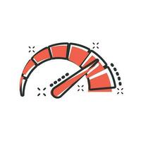 Meter dashboard icon in comic style. Credit score indicator level vector cartoon illustration pictogram. Gauges with measure scale business concept splash effect.