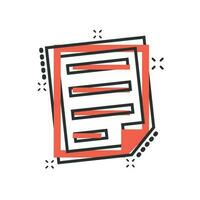 Document note icon in comic style. Paper sheet vector cartoon illustration pictogram. Notepad document business concept splash effect.