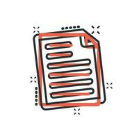 Document note icon in comic style. Paper sheet vector cartoon illustration pictogram. Notepad document business concept splash effect.