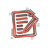 Document note icon in comic style. Paper sheet vector cartoon illustration pictogram. Notepad document business concept splash effect.