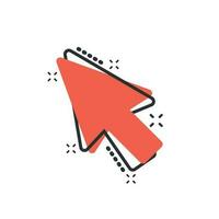 Computer mouse cursor icon in comic style. Arrow cursor vector cartoon illustration pictogram. Mouse aim business concept splash effect.