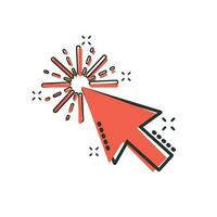 Computer mouse cursor icon in comic style. Arrow cursor vector cartoon illustration pictogram. Mouse aim business concept splash effect.