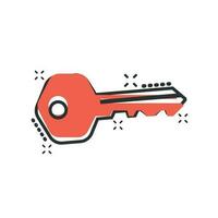 Key icon in comic style. Access login vector cartoon illustration pictogram. Password key business concept splash effect.