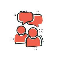 People with speech bubble icon in comic style. Business agreement vector cartoon illustration pictogram. Partnership talk business concept splash effect.