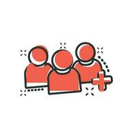 People communication user profile icon in comic style. People with plus sign vector cartoon illustration pictogram. Partnership business concept splash effect.