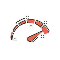 Meter dashboard icon in comic style. Credit score indicator level vector cartoon illustration pictogram. Gauges with measure scale business concept splash effect.