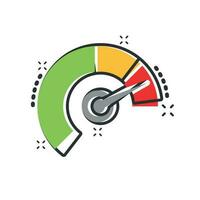 Meter dashboard icon in comic style. Credit score indicator level vector cartoon illustration pictogram. Gauges with measure scale business concept splash effect.