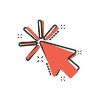 Computer mouse cursor icon in comic style. Arrow cursor vector cartoon illustration pictogram. Mouse aim business concept splash effect.